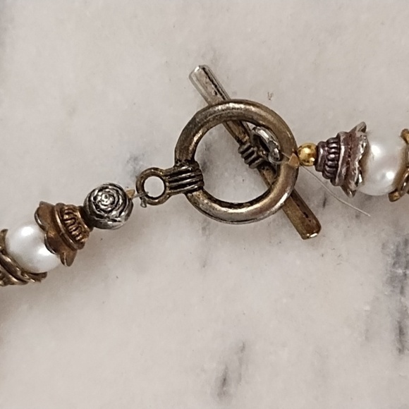Vintage Antique Gold, Brass & Pearl Beaded Necklace With Toggle Clasp - Picture 6 of 9
